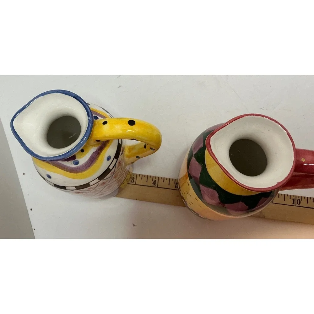 Vintage‎ Ceramic Pitchers Hand Painted Whimsical Set of 2 Multi Color